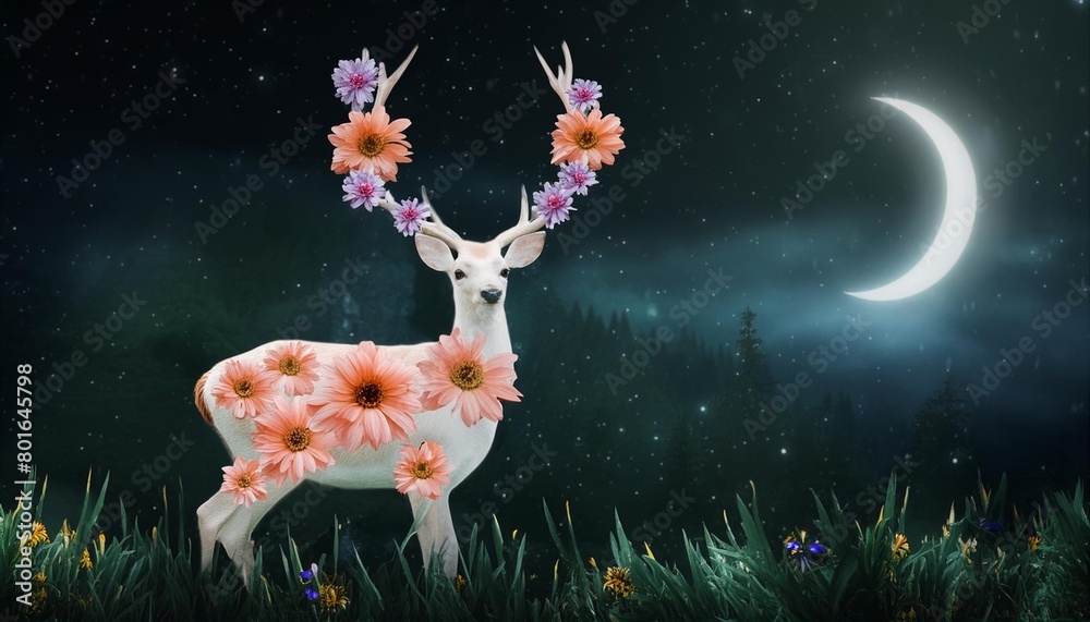 colorful surreal art of a deer with beautiful glowing flowers at night magical illustration
