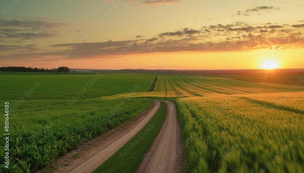 panorama of green field with dirt road and sunset sky summer rural landscape sunrise
