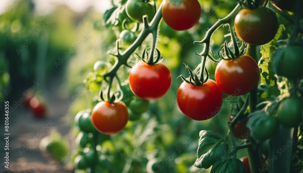 Green and red tomatoes in the garden ai