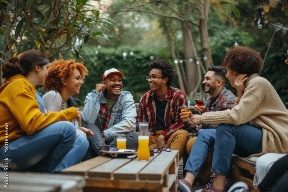 Group of friends sitting in the park and drinking wine. Young men and women having fun together. Group of friends sitting in the park and drinking wine. Young men and women having fun together.