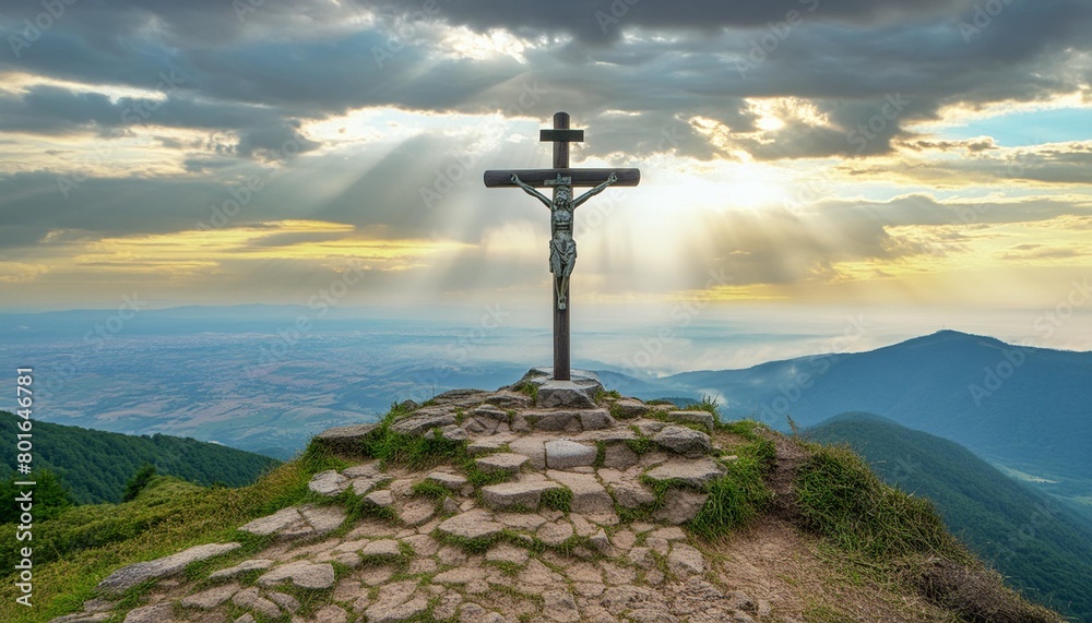 crucifix at the top of a mountain with sunlight breaking through the clouds inspirational christian image