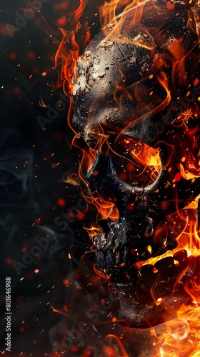 flames smoke surround skull shape human head burn scar left cheek ghost rider half face rock only one fiendish