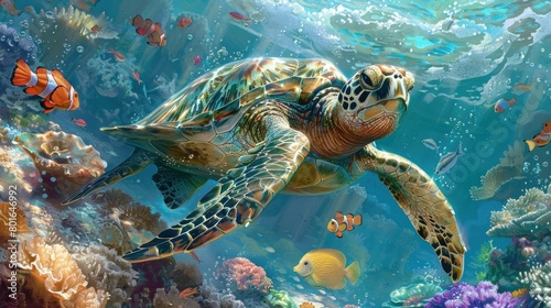 turtle with Colorful tropical fish and animal sea life in the coral reef photo