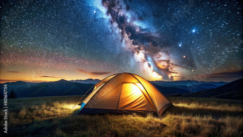 Camping tent at night in the mountains under the stars, landscape wallpaper. Generative ai