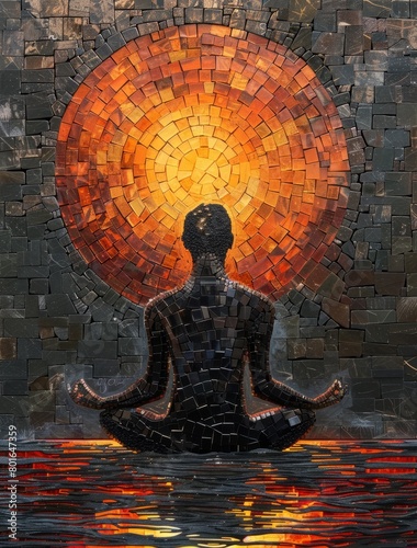 A Man is meditating and sun. Mosaic Art Print. Building yourself from pieces, yoga concept.