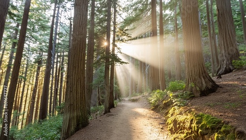 trail through a forest with sun beams coming up from the ground