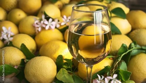 a close up of a glass of wine with lemons and flowers in front of a pile of lemons