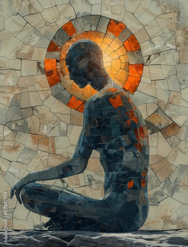 A Man is meditating and sun. Mosaic Art Print. Building yourself from pieces, yoga concept. photo