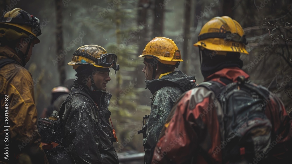 Fototapeta premium The aftermath of a successful firefighting mission, with the team regrouping and assessing the situation, their camaraderie and resilience evident.