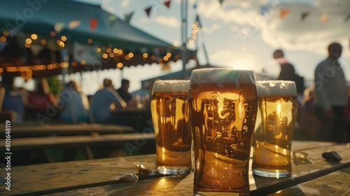 A serene scene of a beer festival tent, bustling with activity and laughter, as enthusiasts come together to celebrate Beer Day Britain.