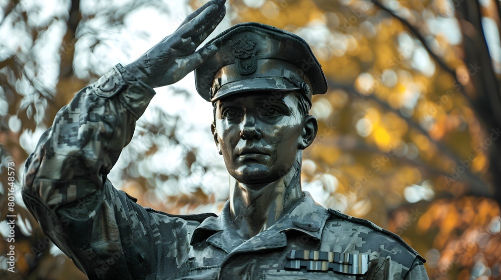 Bronze statue of a soldier in salute set against an autumn backdrop Bronze statue of a soldier in salute set against an autumn backdrop
