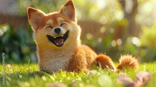 paper wrapper,A chubby, adorable, and fuzzy Shiba Inu is on the grass, seemingly laughing heartily © Alizeh