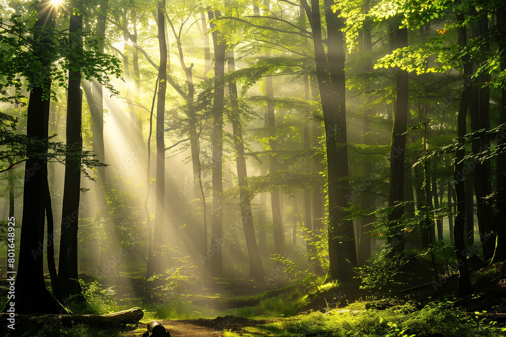 A tranquil forest scene with sunlight filtering through the trees