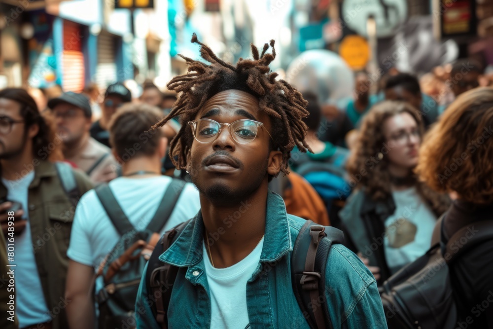 Portrait of young african american man with dreadlocks hairstyle and glasses on the street Portrait of young african american man with dreadlocks hairstyle and glasses on the street