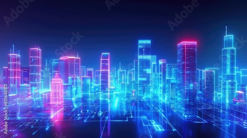 Neon computing skyline on digital horizon