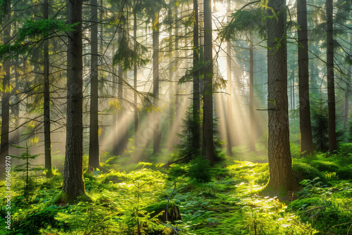 A tranquil forest scene with sunlight filtering through the trees