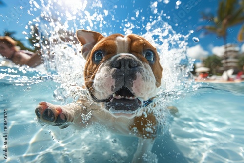 A dog is swimming in a pool and has its mouth open. Summer heat concept, backdrop © Space Priest