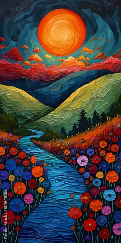 river running field flowers zig zags mountains sunset valley amazing sublime vibrant paper cut redwoods