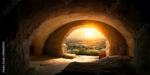 Empty tomb of Jesus Christ at sunrise, Jesus Christ resurrection photo