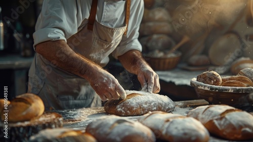 A serene scene of a baker carefully shaping dough into artisan bread loaves, highlighting the craftsmanship and dedication in traditional baking on World Baking Day.