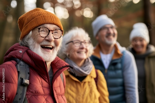 happy senior couple walking in autumn forest with friends, pensioners having fun