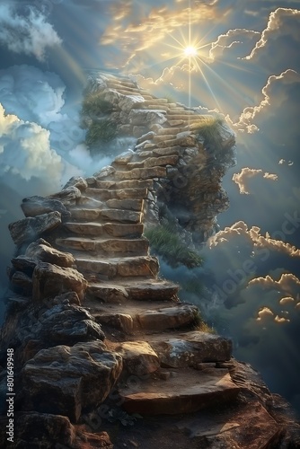 closeup stairway leading bright light heaven background hiking trail happens after death city cleric treacherous road gates photo