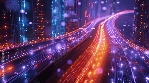 Glowing data rivers in cyber city