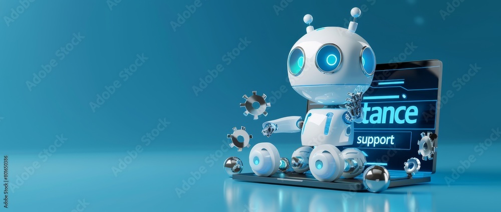 3D render of a cute white robot with gears coming out from a laptop screen and code on a blue background, concept for coding or artificial intelligence design in the style of vector style. 3D render of a cute white robot with gears coming out from a laptop screen and code on a blue background, concept for coding or artificial intelligence design in the style of vector style.