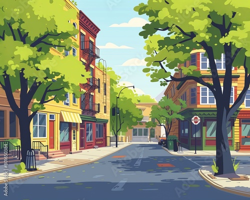 street buildings trees sides cartoon network springs commercial full view blank background streaming scenery oak after noon photo