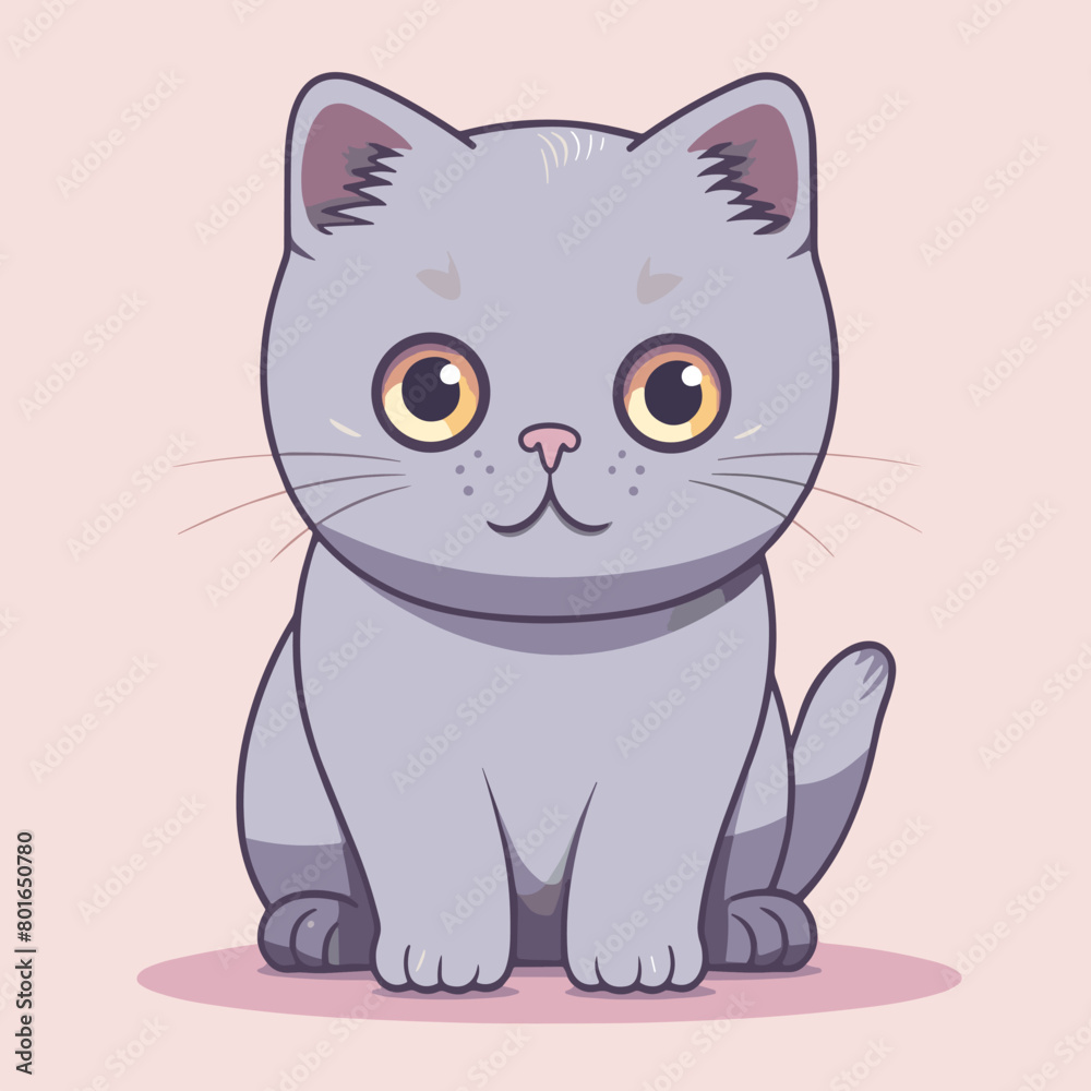 Obraz premium Cute gray cat sitting. Vector illustration in cartoon style on pink background.