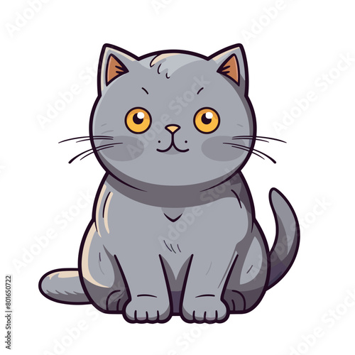 Cute cartoon gray cat sitting on white background. Vector illustration.
