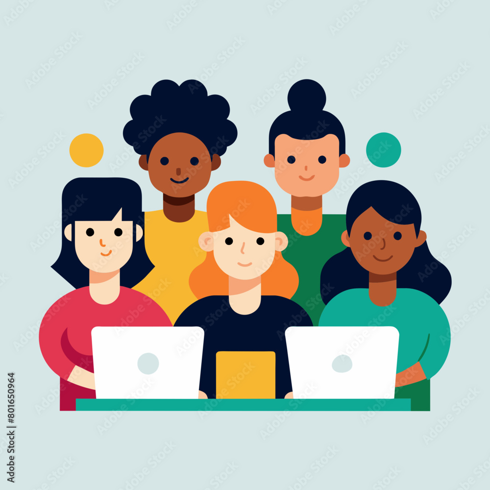 Group of people with different skin tones and hairstyles working together on a project Group of people with different skin tones and hairstyles working together on a project