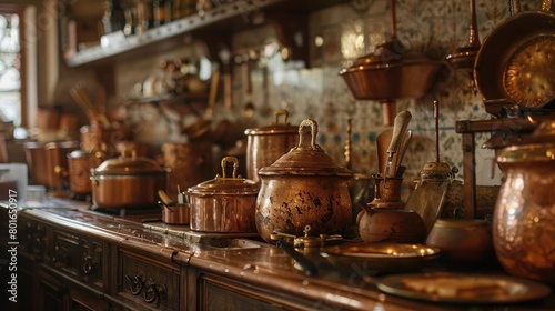 A serene scene of a fudge-making kitchen, with gleaming copper pots and utensils, capturing the artisanal process of crafting this beloved confection on National Fudge Day. photo