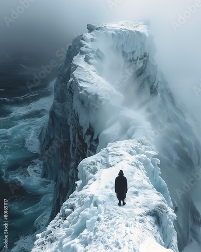 man standing cliff overlooking frozen ocean horrific surreal journalistic entrance valhalla zoomed out imagining blissful fate narrow passage ice carving passages