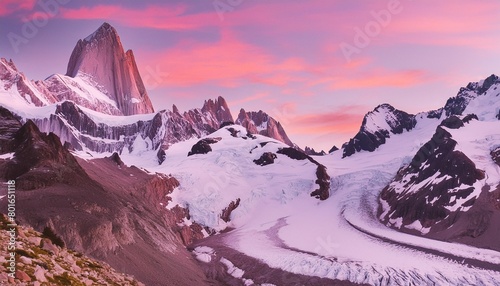 snow covered mountain peaks and glacier under a pink sky el chalten patagonia argentina photo