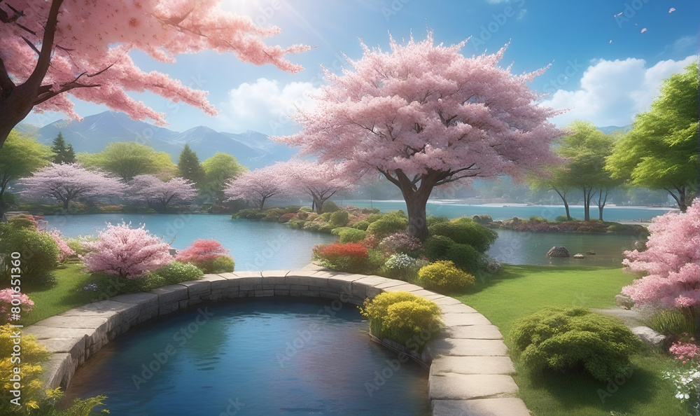 a garden full of blooming flowers, with a blue sky, a lake, blooming trees.