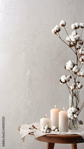 Stylish table with cotton flowers and aroma candles near light wall with copy space, vertical orientation