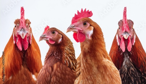 portrait of four hens closeup isolated on a white background