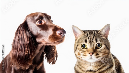 portrait of a dog russian spaniel and cat scottish straight isolated on white background