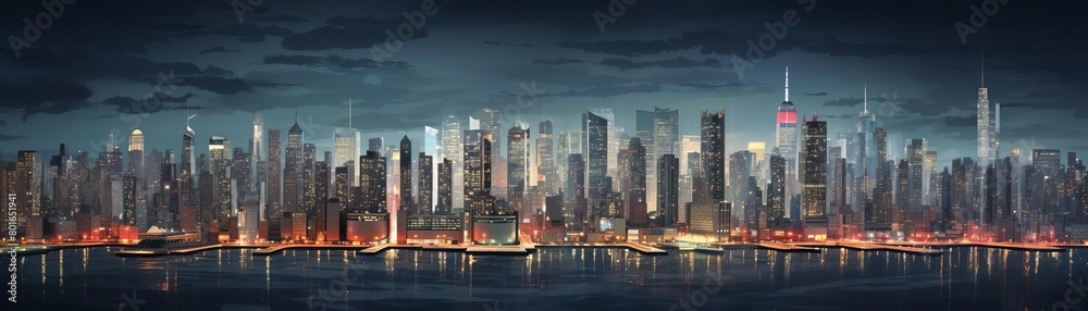 Fototapeta premium New York City from across the Hudson River at night. The sky is cloudy and the city lights are reflected in the water.