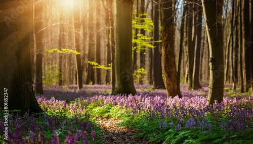 magical forest is covered with corydalis cava flowers in sunny day © Dayami