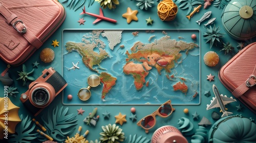 3D illustration of travel and social media icons on a teal background, in the cute clay style. photo