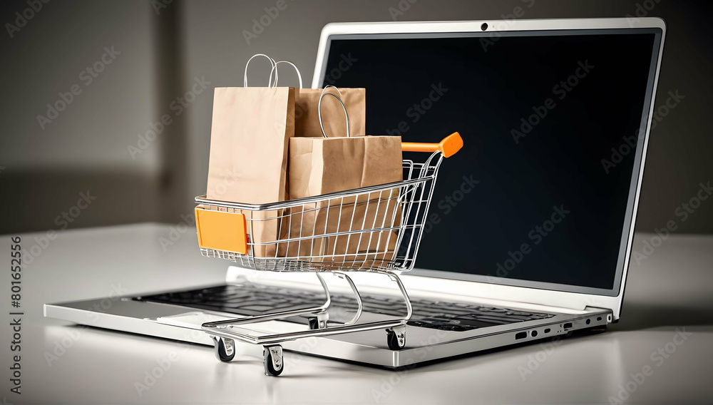 Online shopping concept, shopping cart standing in front of laptop