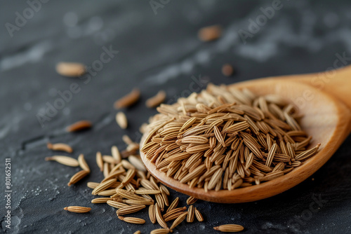 light brown fragrant caraway spice in wooden spoon close up. High quality photo photo
