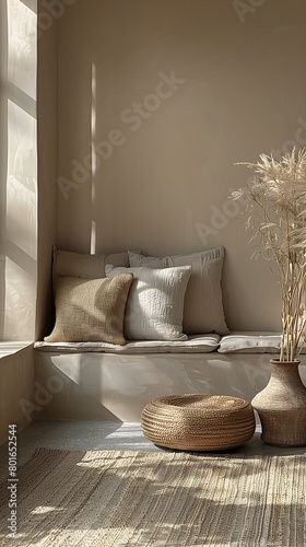 couch pillows vase plant cycladic sculptural dreamy light sandy colors still estate white trendy clothes rammed earth courtyard warm sunshine tassels