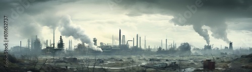 A dark, dreary, and polluted industrial landscape. The air is thick with smoke and smog, and the ground is covered in soot and ash. The only sound is the constant hum of machinery. photo