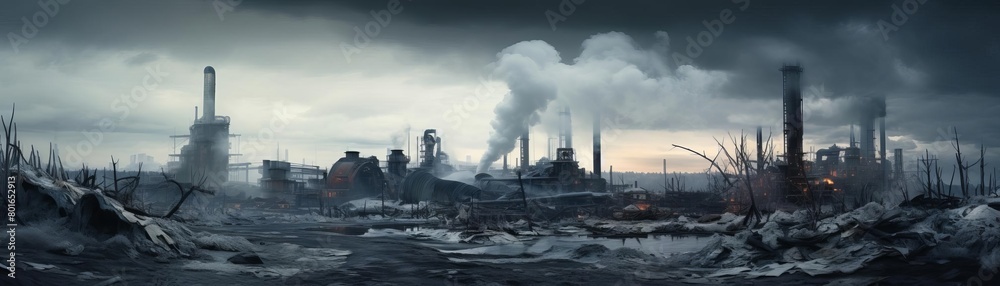 A post-apocalyptic industrial landscape with large factory buildings and smoking chimneys in the background, and a frozen river in the foreground.