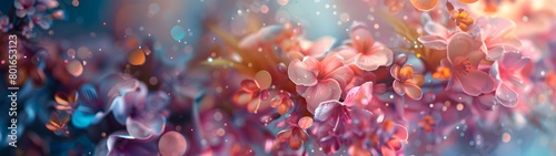Ethereal floral panorama with vibrant colors and sparkling effects  wide banner