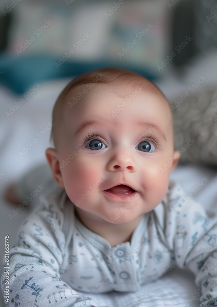 baby laying bed pillow perfect face template blue shining eyes happy smiling human facing sideways glance confidently baby laying bed pillow perfect face template blue shining eyes happy smiling human facing sideways glance confidently