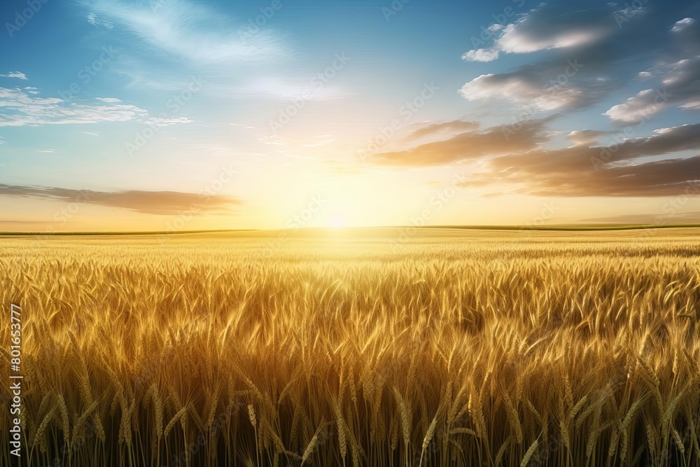 Fototapeta premium A golden wheat field stretches as far as the eye can see, gently undulating in the warm summer breeze
